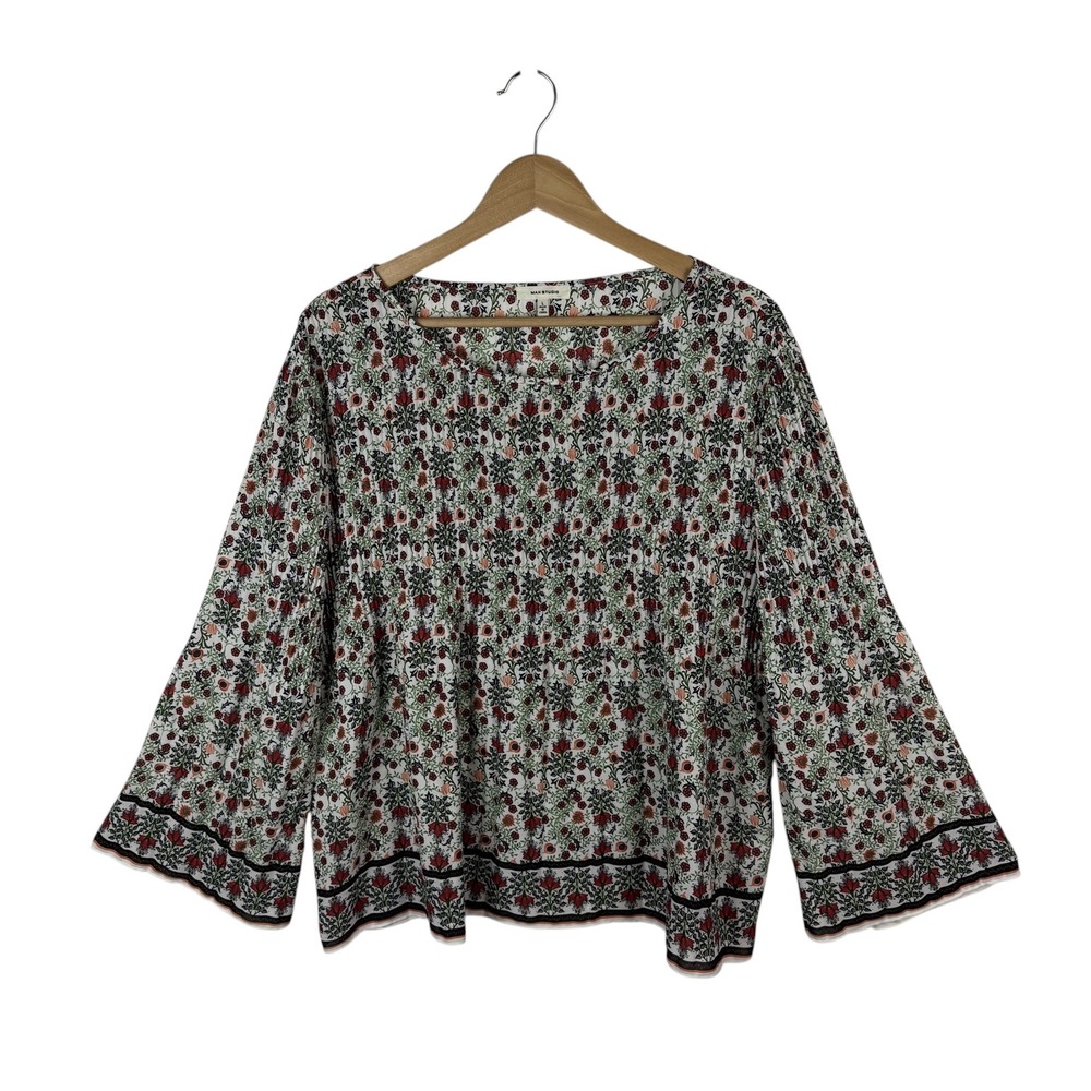 Max Studio Floral Bell Sleeve Pleated Peasant Blouse Large Multicolor Boho Comfy